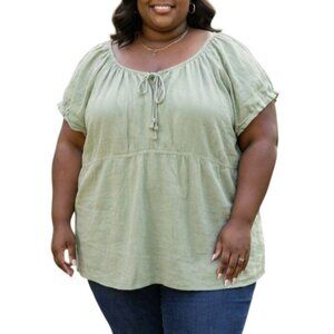 Sonoma Life + Style Plus Size 3X Top Peasant Green Short Sleeve Tie Neck Detail